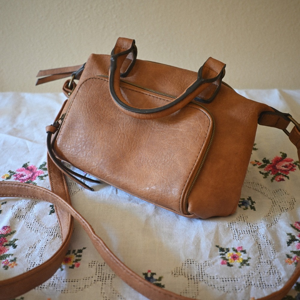 American Eagle Cognac Tan Faux Leather Satchel Crossbody Bag